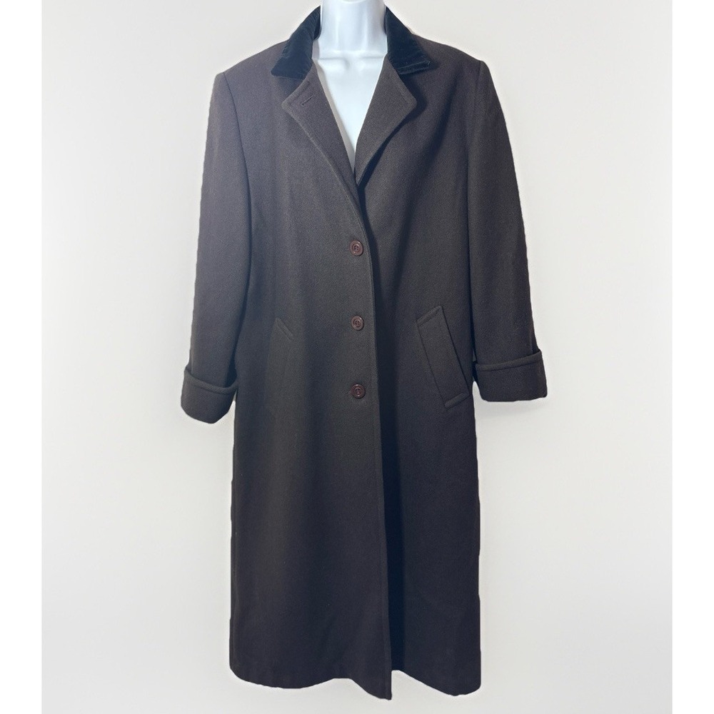 JOFELD Vintage Brown Long Coat Size 14 Velvet Collar Classic Tailored Outerwear‎